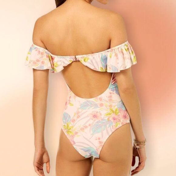 RAISINS Floral Off the Shoulder‎ Floral One Piece Ruffled Swimsuit Med - Picture 3 of 14